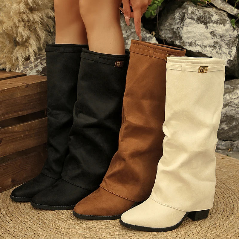 Black, tan brown and beige fold over boots side by side