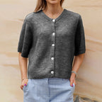 Charcoal short sleeve button cardigan, front view