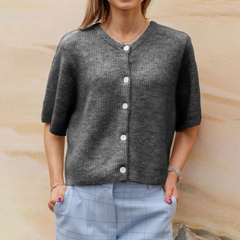 Charcoal short sleeve button cardigan, front view