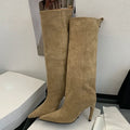 Sand flock slouch knee high boots with pointed toe and thin heel