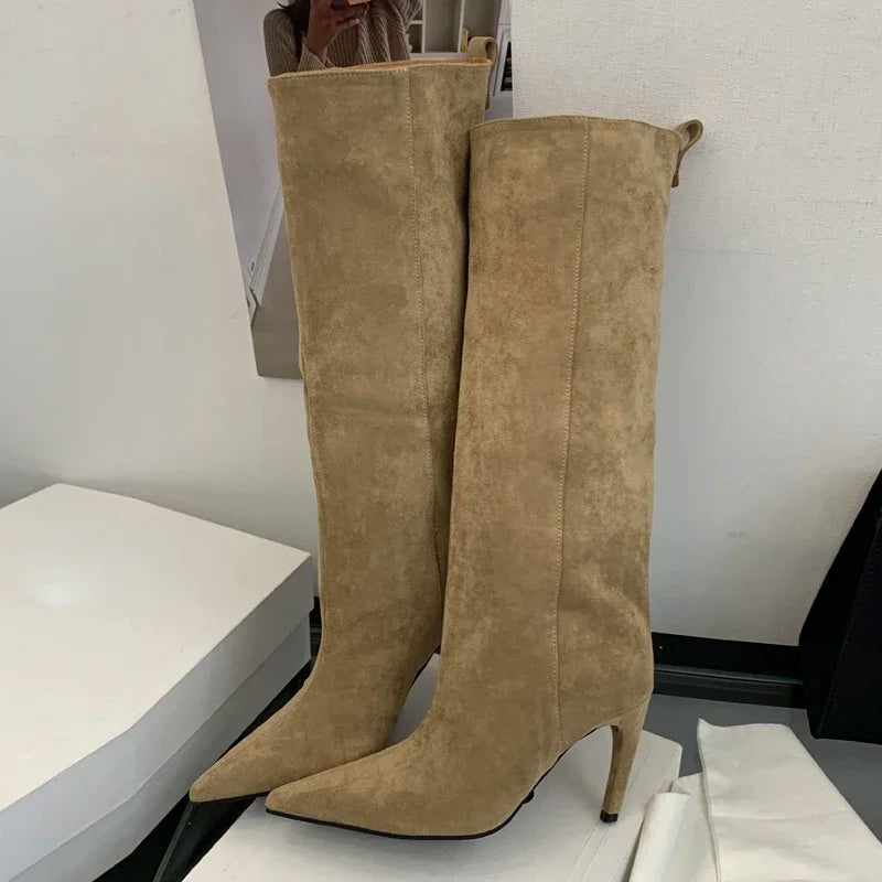 Sand flock slouch knee high boots with pointed toe and thin heel