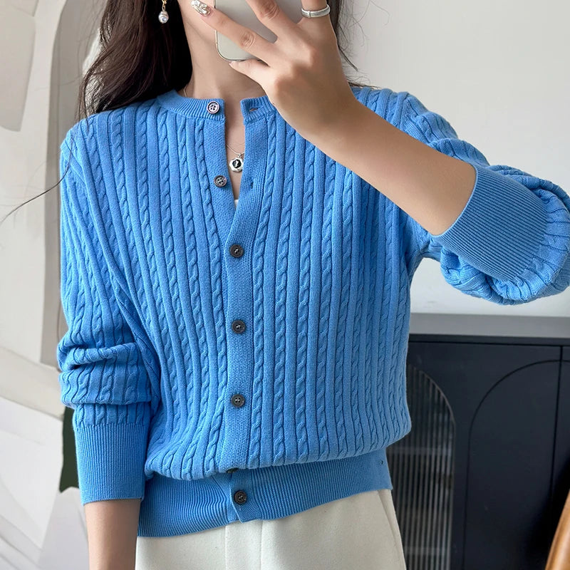 Azure blue cable knit crew neck button cardigan, front view