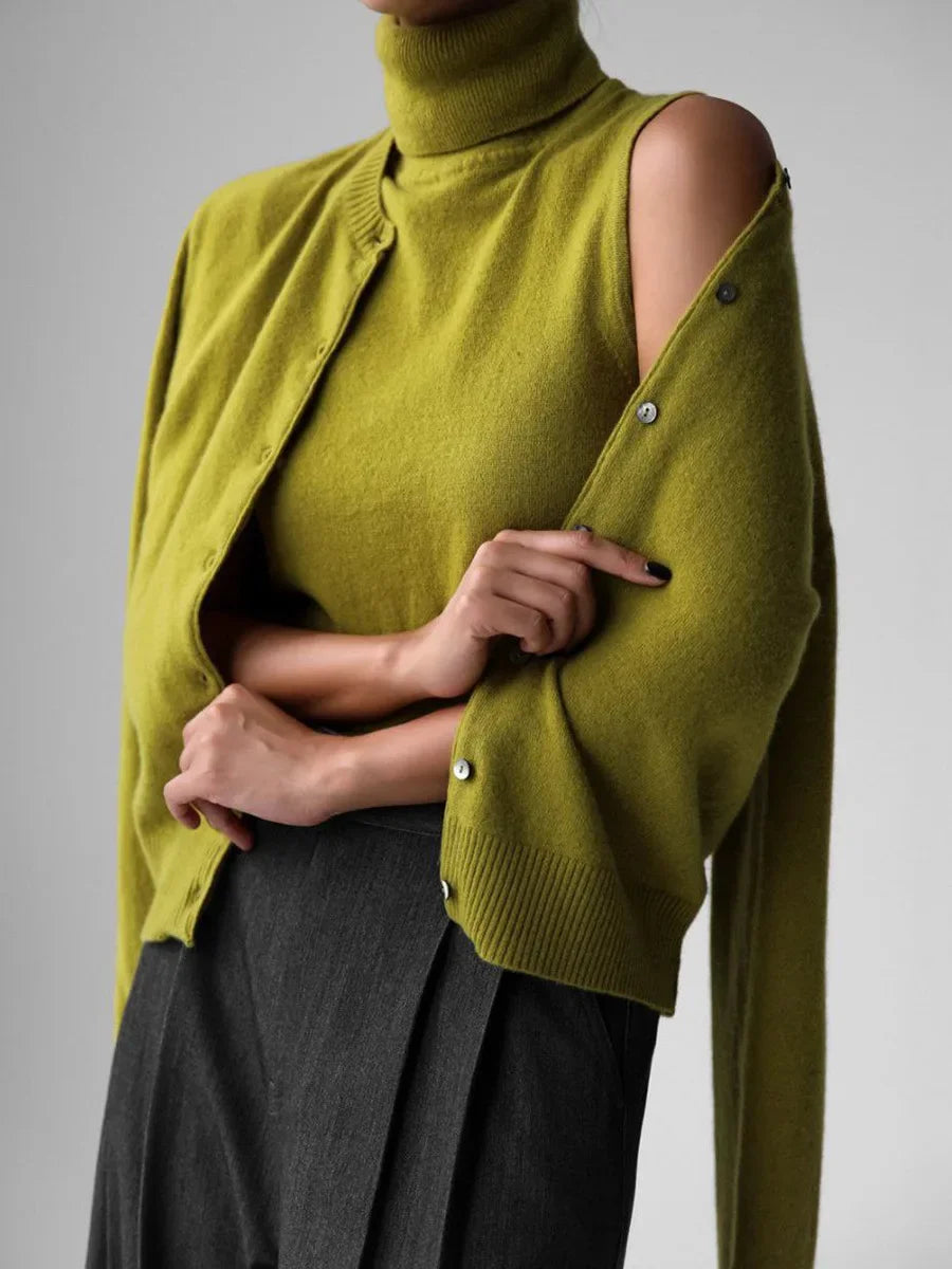 Lime green knit tank and cardigan set, cardigan draped off the shoulder