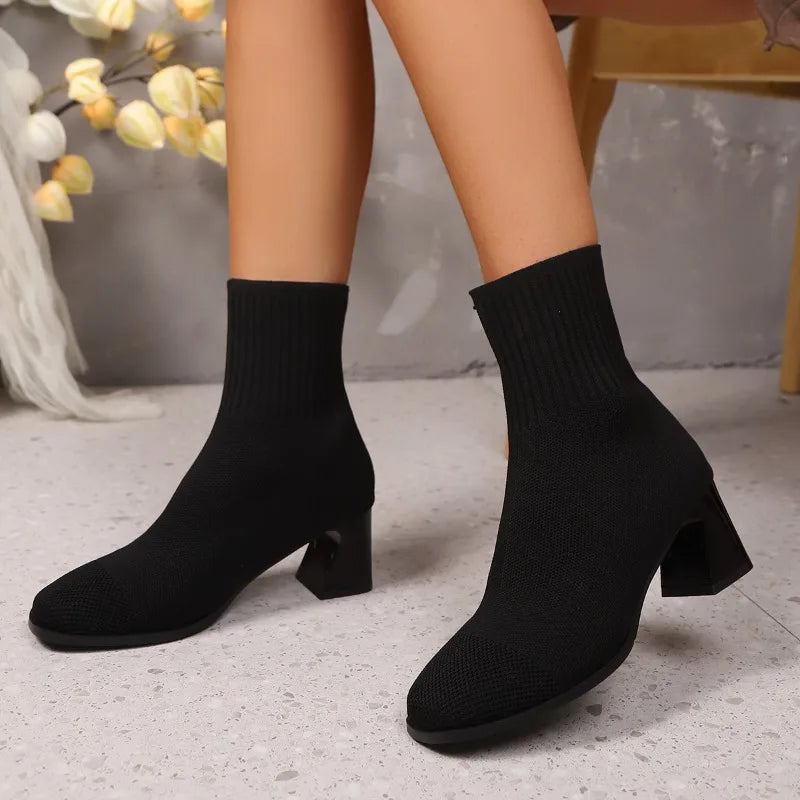 Black knit sock ankle boots with block heel