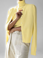 Lemon yellow knit tank and button cardigan set, front view