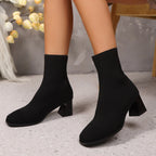 Black knit sock ankle boots with block heel