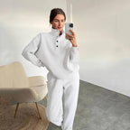 White half button stand collar sweatshirt and jogger pants set