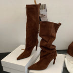 Chestnut flock slouch knee high boots with pointed toe and thin heel