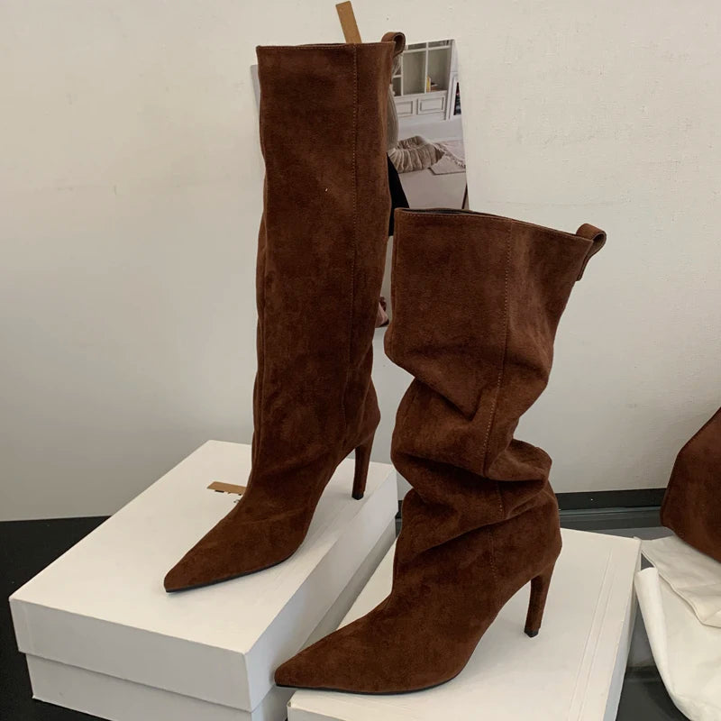 Chestnut flock slouch knee high boots with pointed toe and thin heel