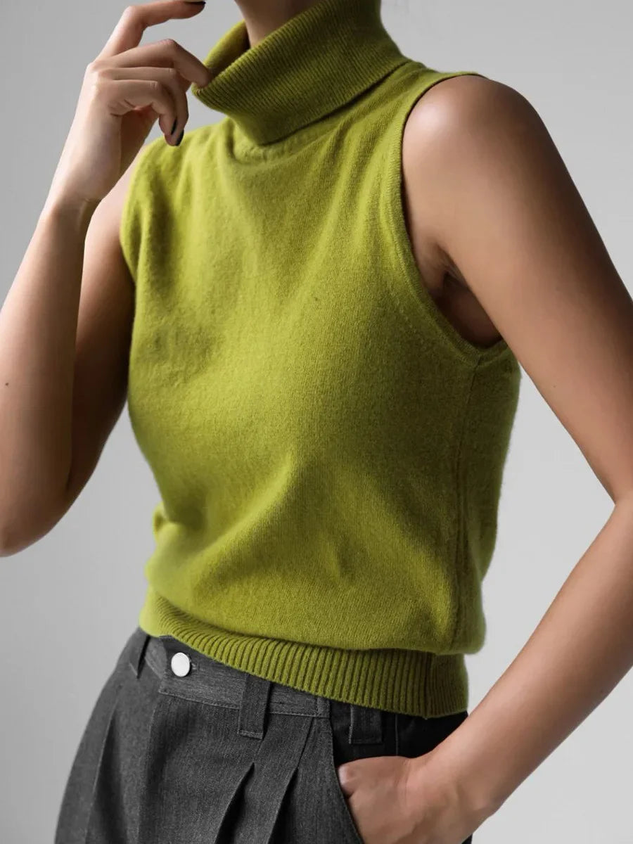 Lime green roll neck sleeveless knit tank, front view