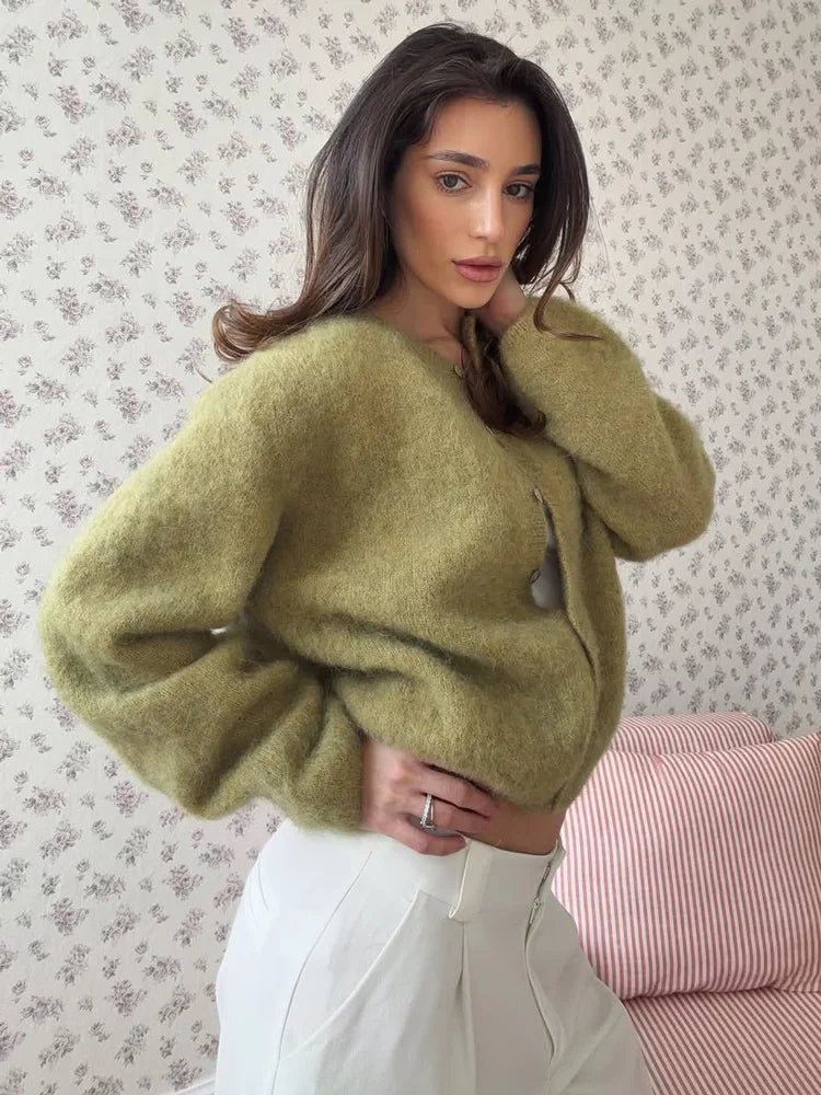 Moss green crew neck cardigan with drop shoulders