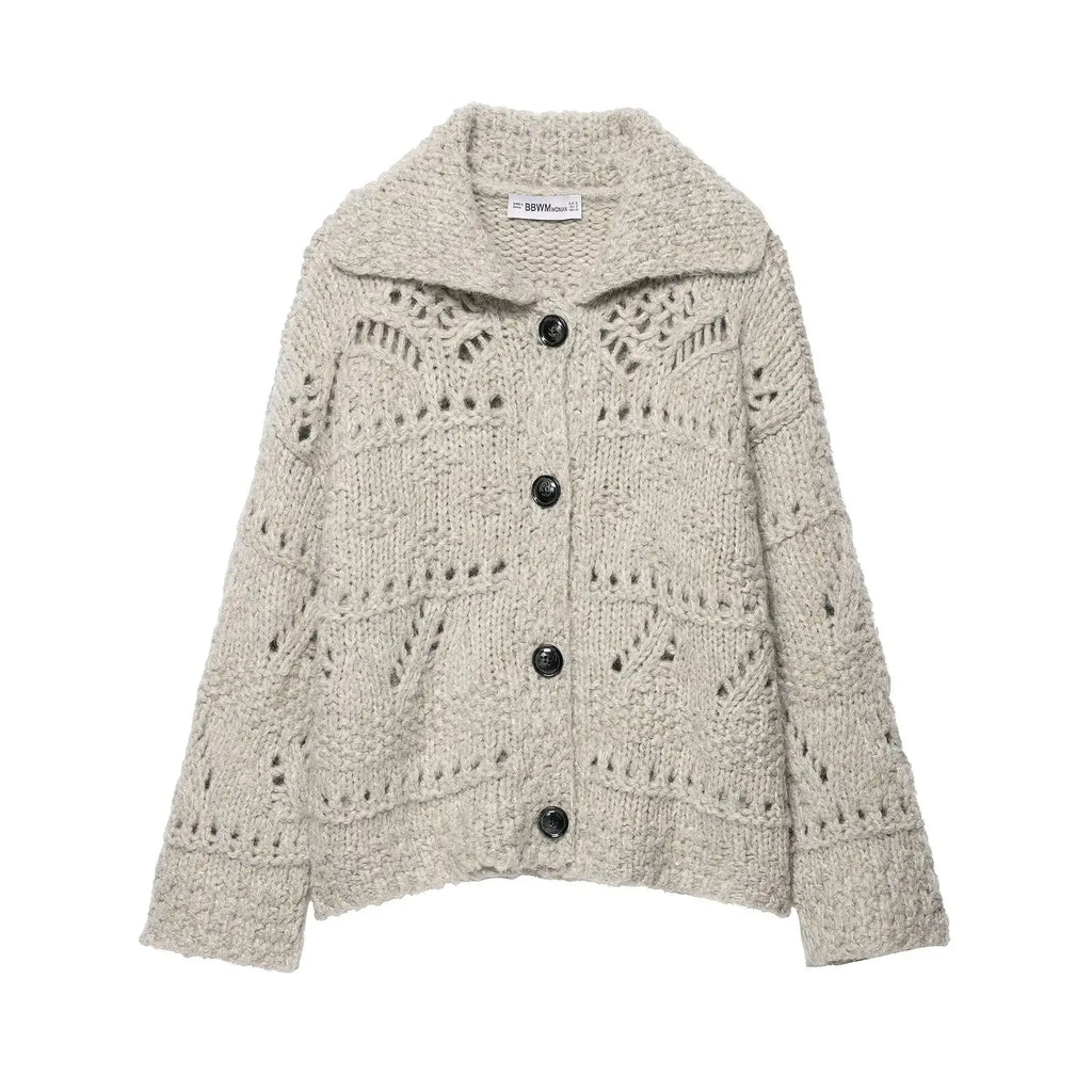 Oatmeal open knit collared cardigan with black buttons