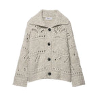 Oatmeal open knit collared cardigan with black buttons