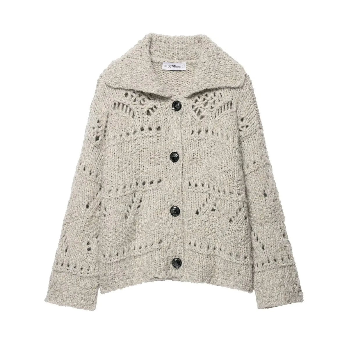 Oatmeal open knit collared cardigan with black buttons