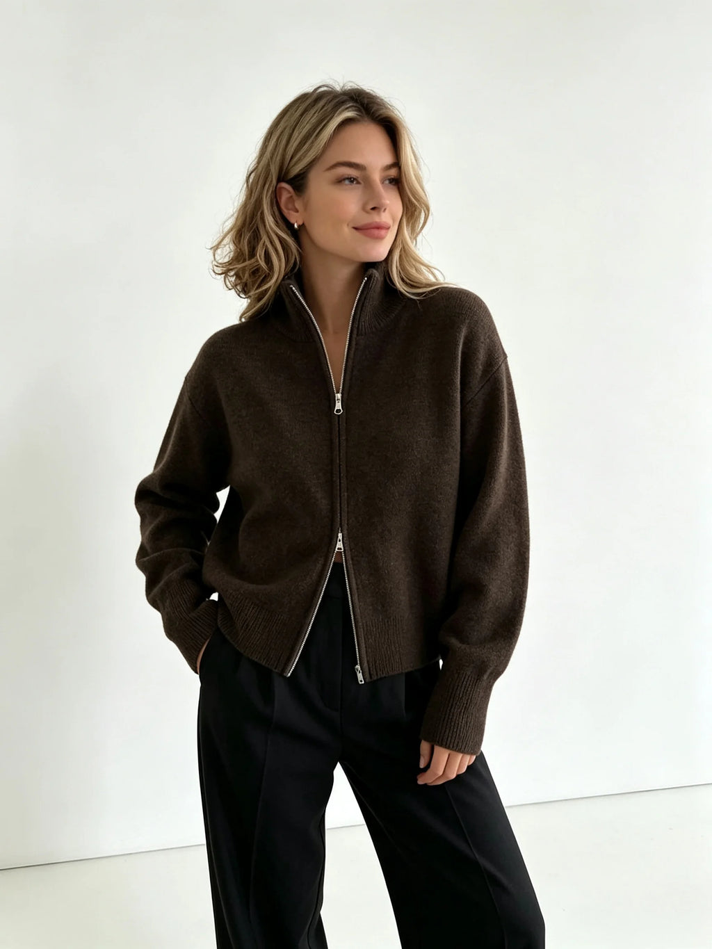 Dark brown zip up cardigan, three-quarter view
