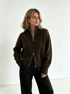 Dark brown zip up cardigan, three-quarter view