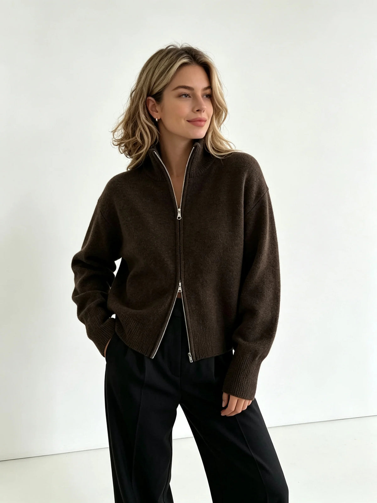 Dark brown zip up cardigan, three-quarter view