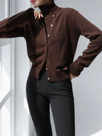 Chocolate brown button knit cardigan, front view