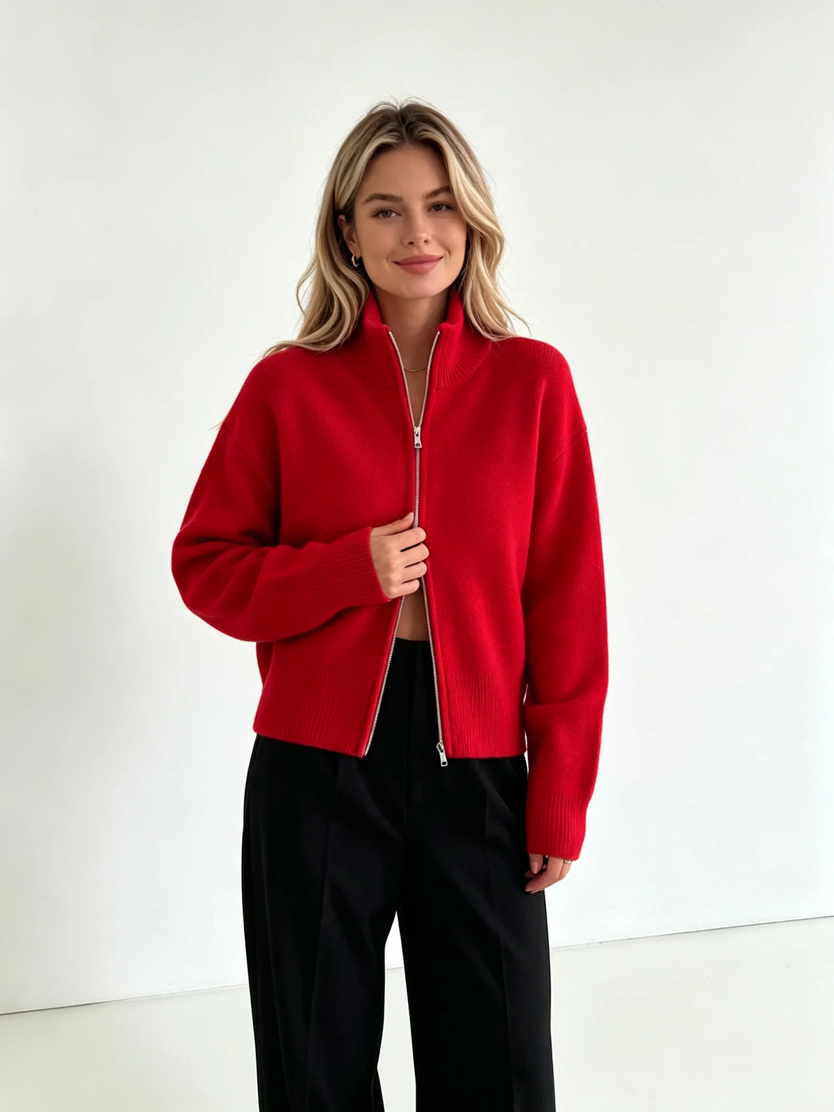 Red zip up cardigan with high stand collar, front view