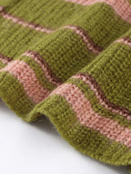 Close-up of the pink and brown stripes on an olive green knit