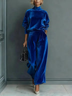 Cobalt blue velvet-look turtleneck sweatshirt and wide leg pants set