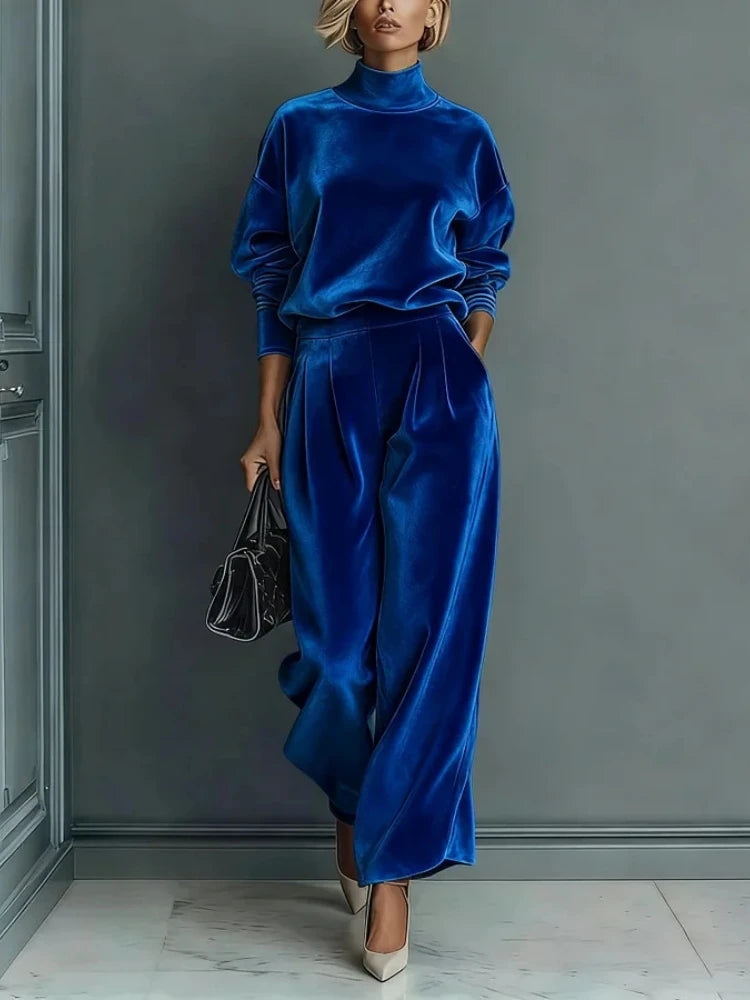 Cobalt blue velvet-look turtleneck sweatshirt and wide leg pants set