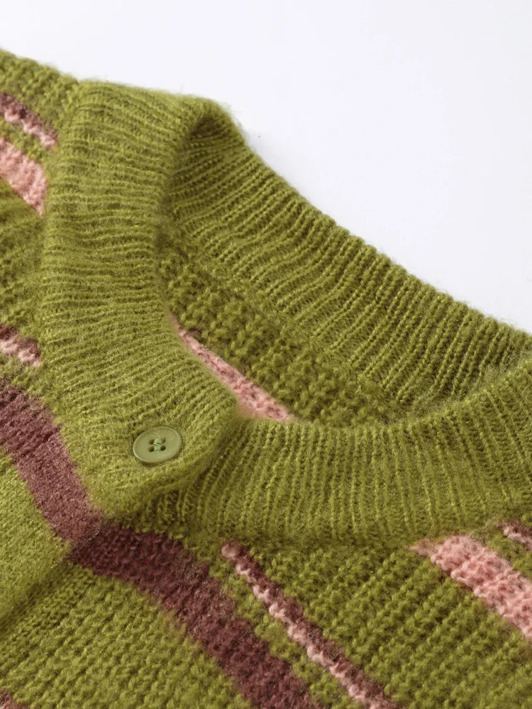 Close-up of the round neck and button on an olive green striped cardigan