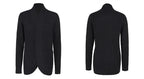 Black long open front cardigan, front and back view