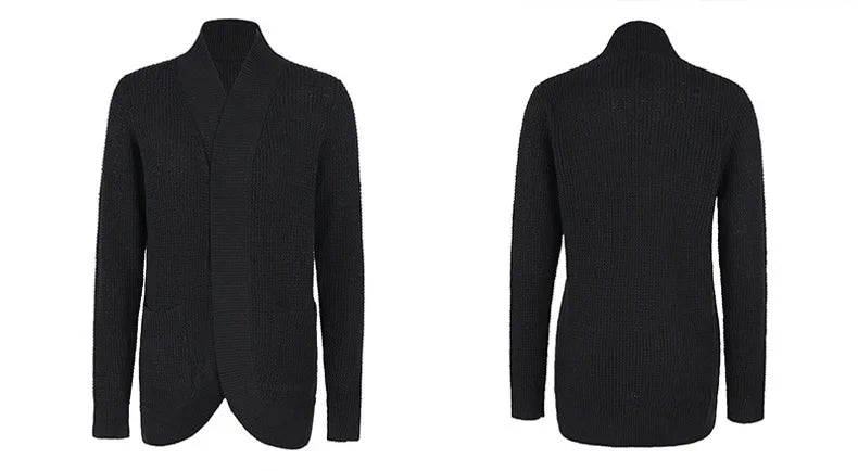 Black long open front cardigan, front and back view