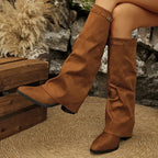 Tan brown faux suede fold over boots with pointed toe