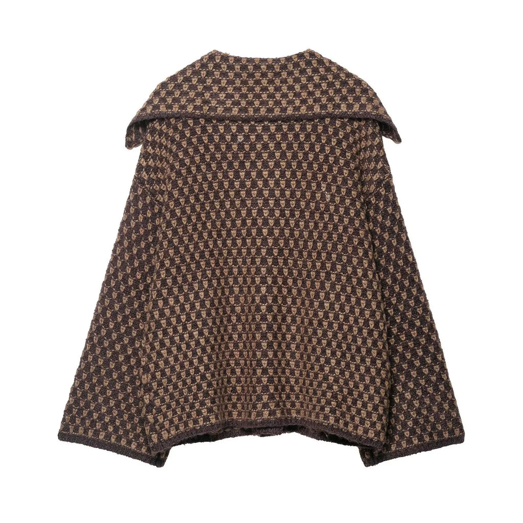 Back view of a brown and tan check knit collared cardigan