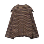 Back view of a brown and tan check knit collared cardigan