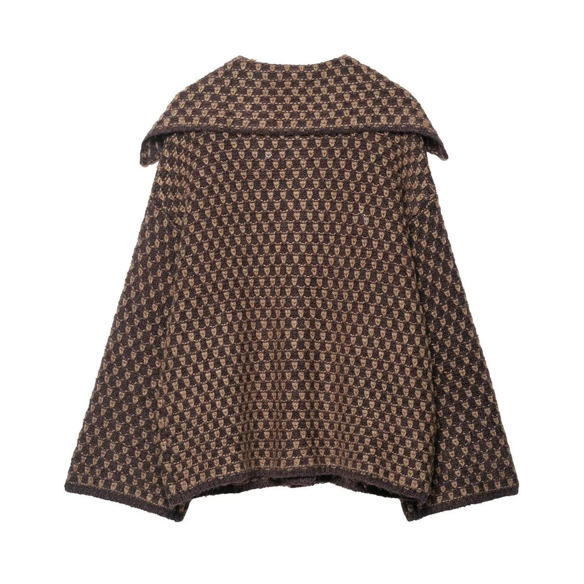 Back view of a brown and tan check knit collared cardigan