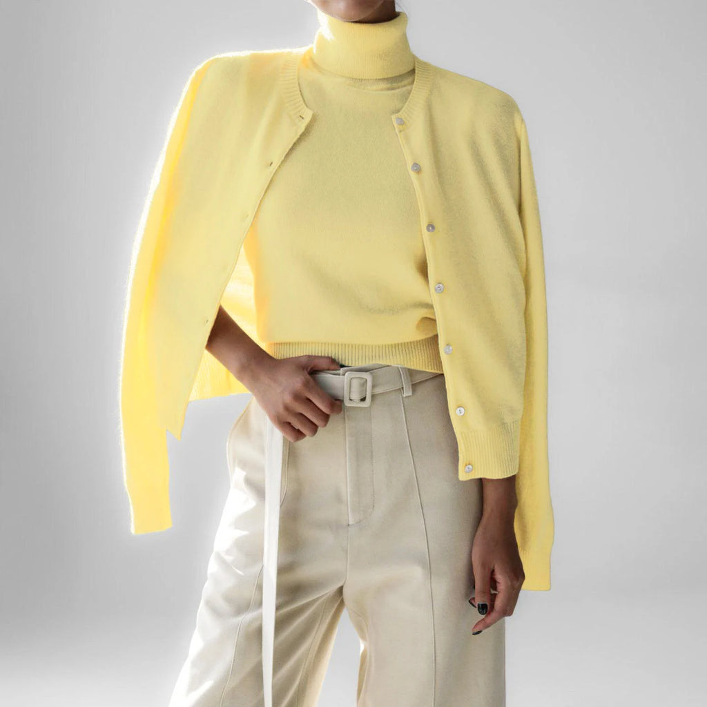 Lemon yellow knit tank and button cardigan set, front view