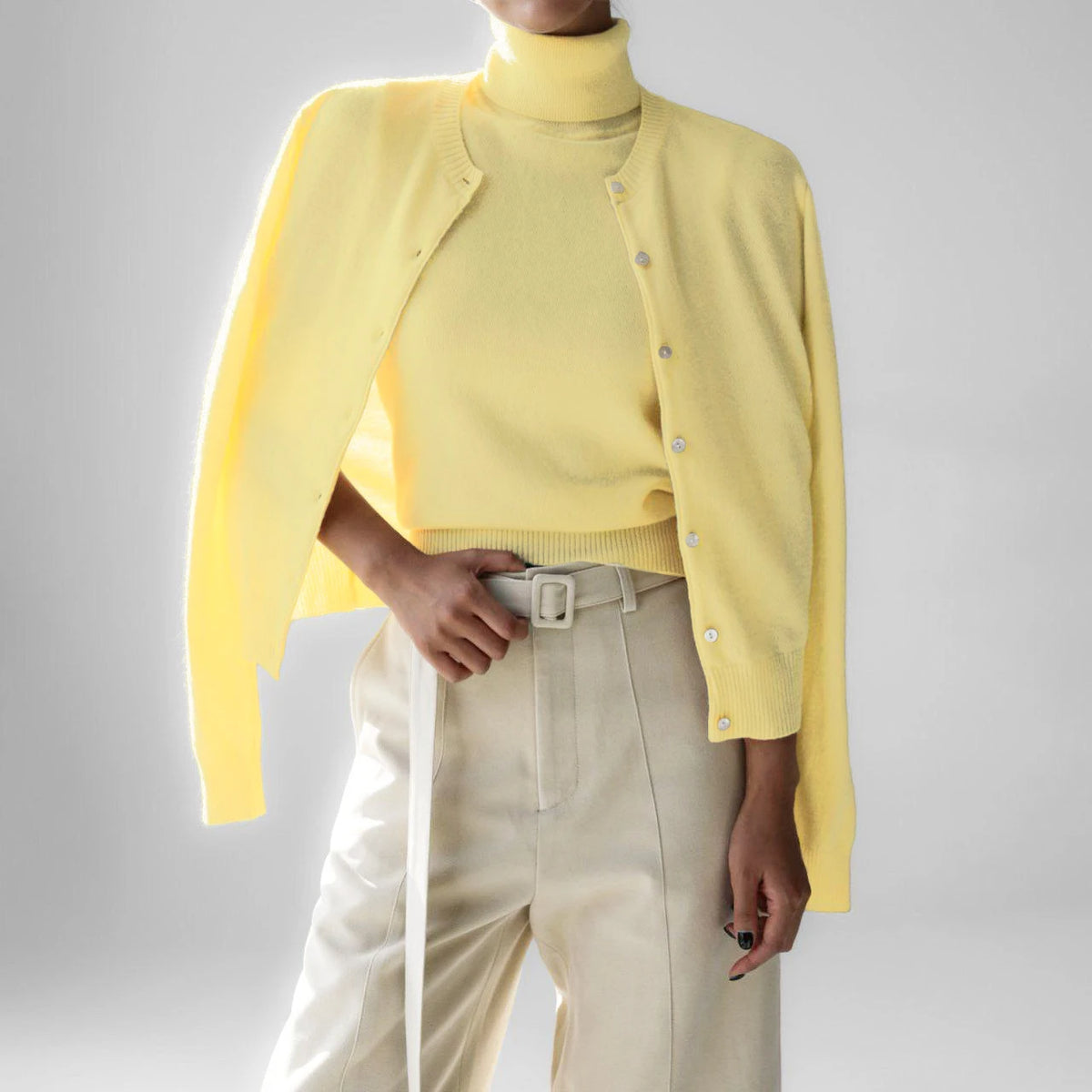 Lemon yellow knit tank and button cardigan set, front view