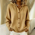 Camel hooded button cardigan with drawstring hood
