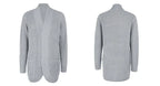 Light grey long open front cardigan, front and back view
