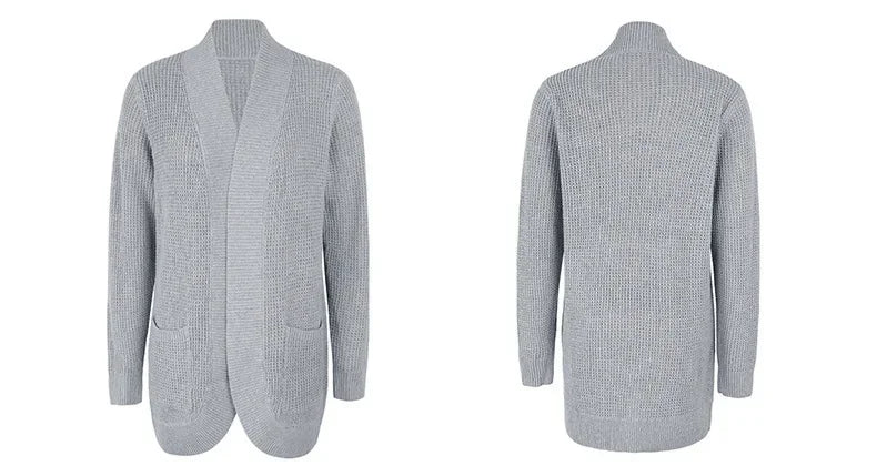Light grey long open front cardigan, front and back view