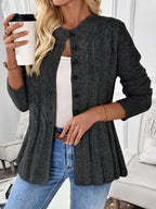 Charcoal cable knit button cardigan with a flared ribbed hem