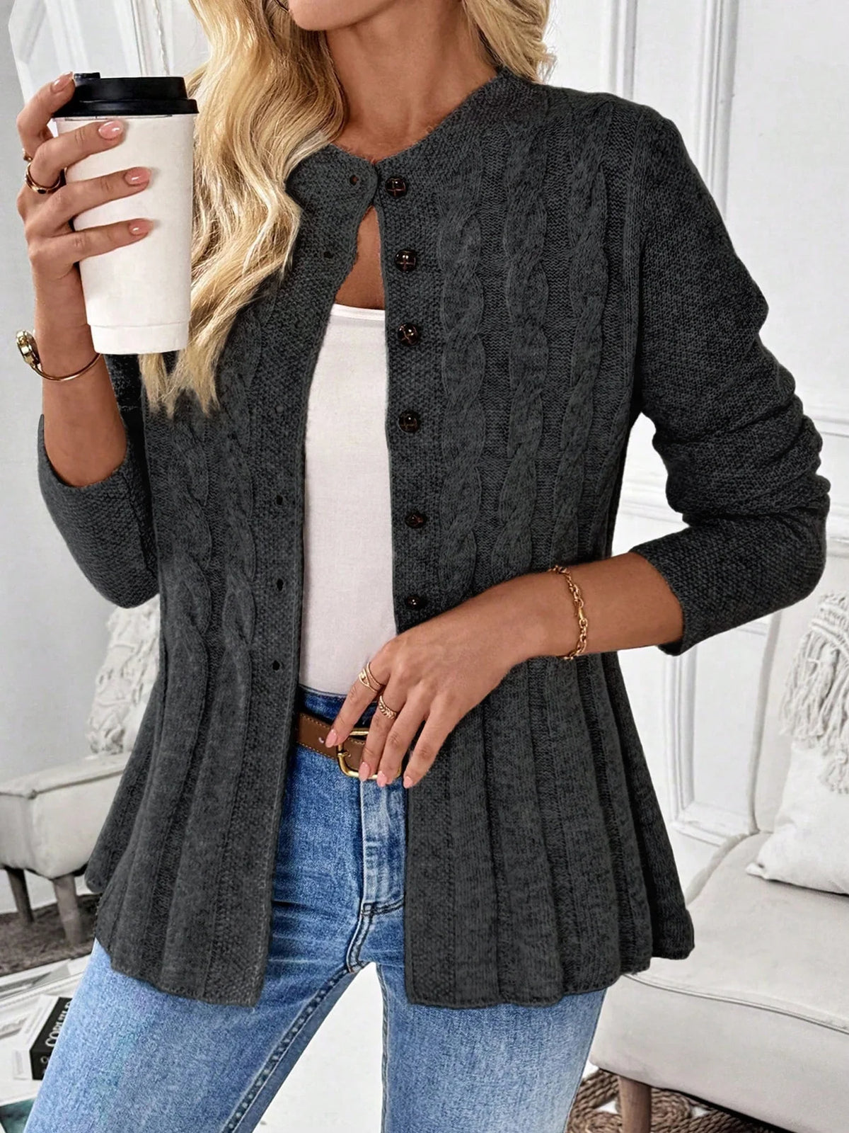Charcoal cable knit button cardigan with a flared ribbed hem