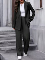 Black longline blazer and wide leg trousers suit set, front view