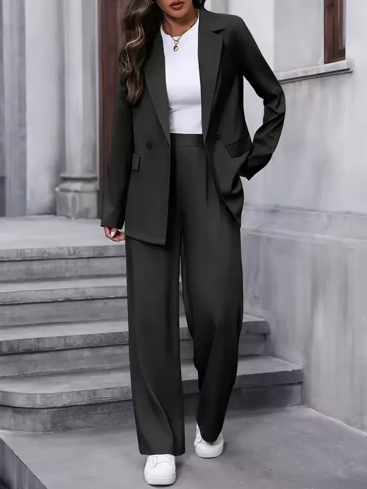 Black longline blazer and wide leg trousers suit set, front view