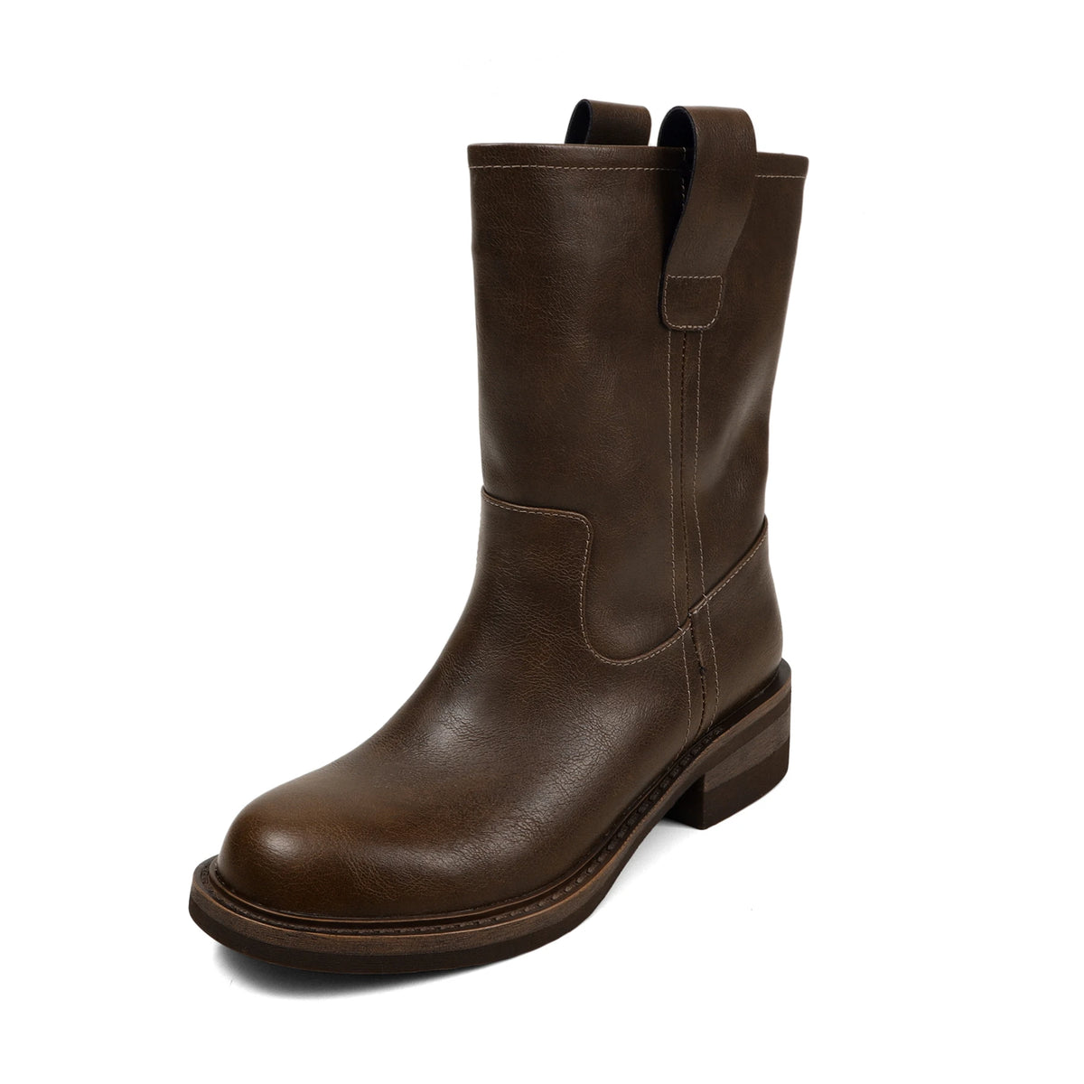Dark brown leather mid calf western boots with square heel, side view