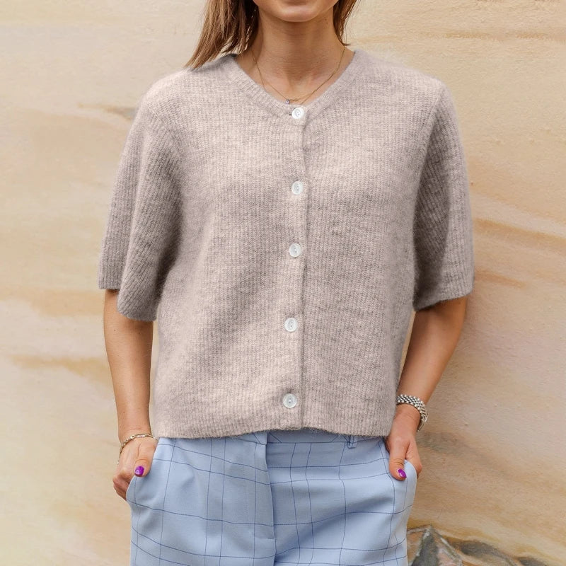 Taupe short sleeve button cardigan, front view