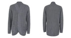 Grey long open front cardigan, front and back view