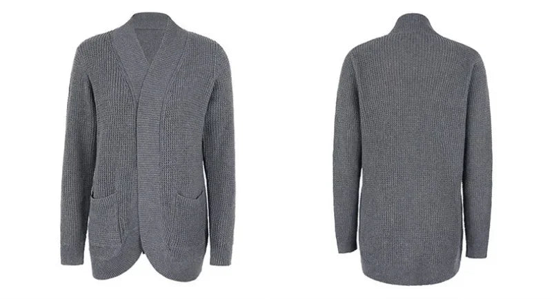 Grey long open front cardigan, front and back view