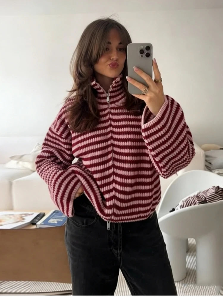 Burgundy and pink striped funnel neck cardigan, front view