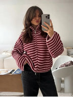Burgundy and pink striped funnel neck cardigan, front view