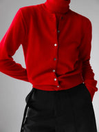 Red button knit cardigan, front view