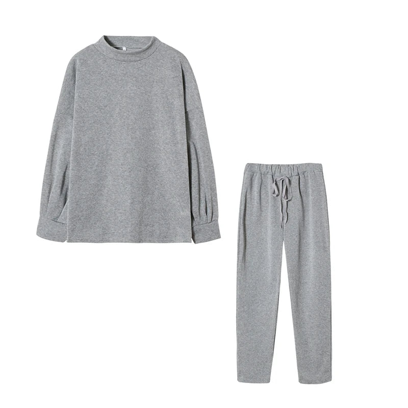 Grey high neck sweater and drawstring trouser set, flat lay